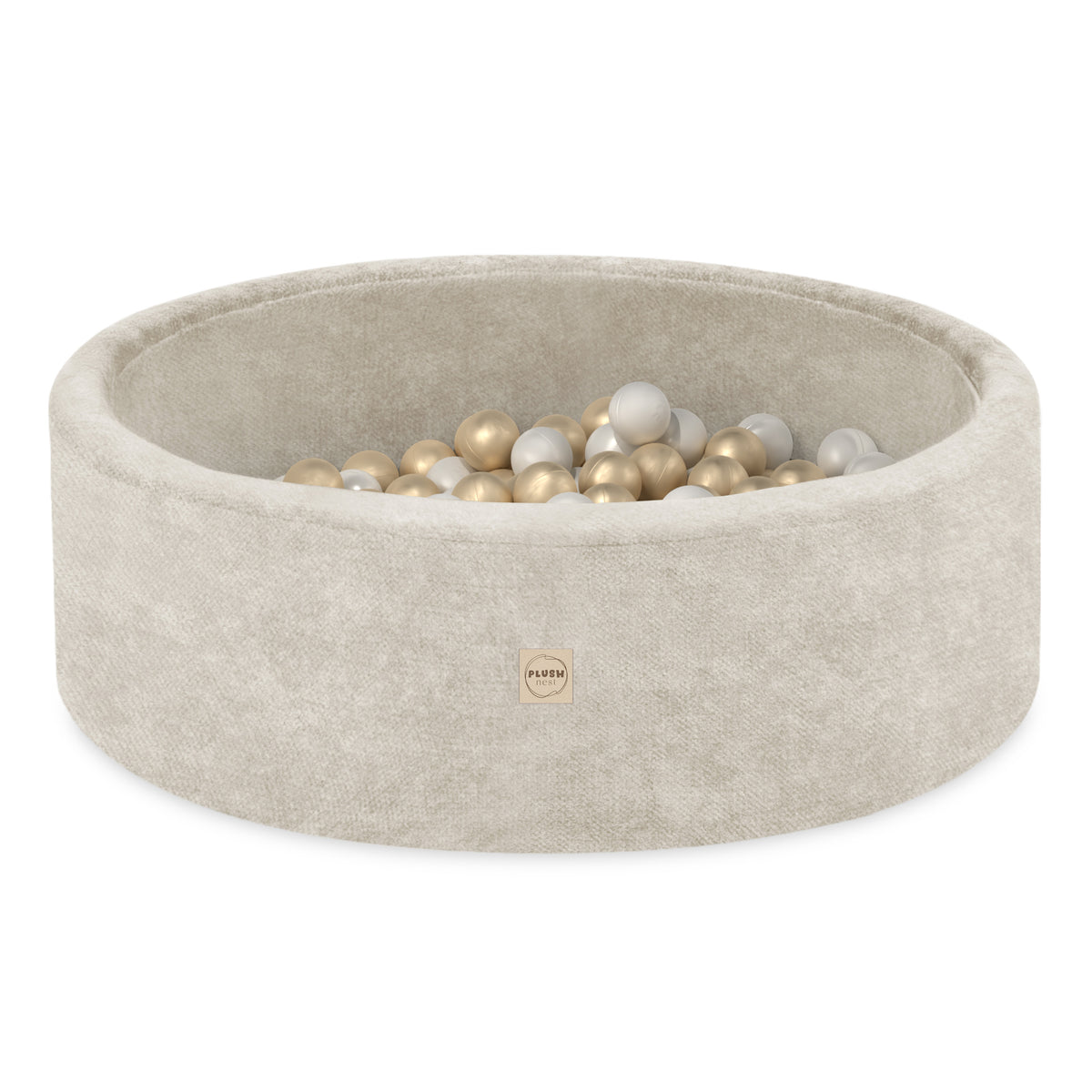Beige lasten pallomeri kultaisilla ja vaaleilla pallomeripalloilla